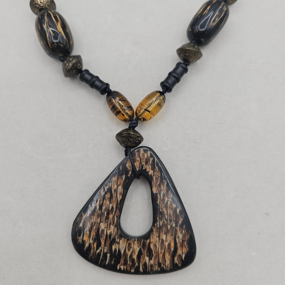 Vintage Chunky Pendant Necklace Earthy Mixed Materials Statement Boho Earthy